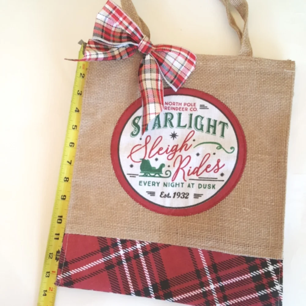 Jute Red Plaid Shopping Tote Bag Christmas Country Rustic Cabin Retro